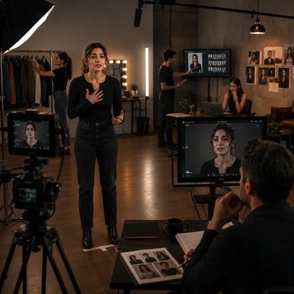 Intermediate actor performing an emotional scene during Advancement Track training while an acting coach reviews a self-tape on a production monitor inside a professional audition studio at Atelier Talent Development.