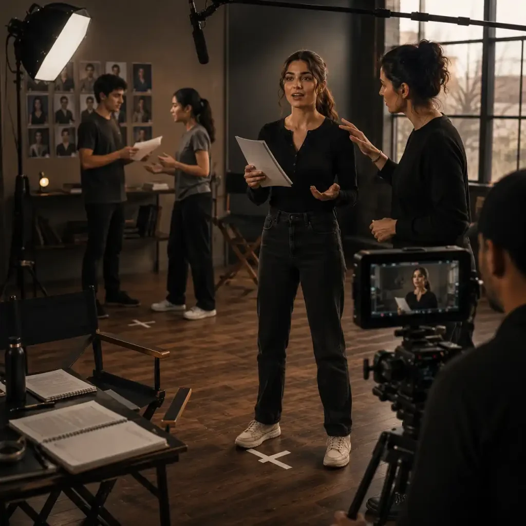 Professional acting coach guiding a beginner actor during Foundation Track training at Atelier Talent Development, focusing on audition slating, on-camera acting, scene work, cold reads, and confidence in front of the camera.