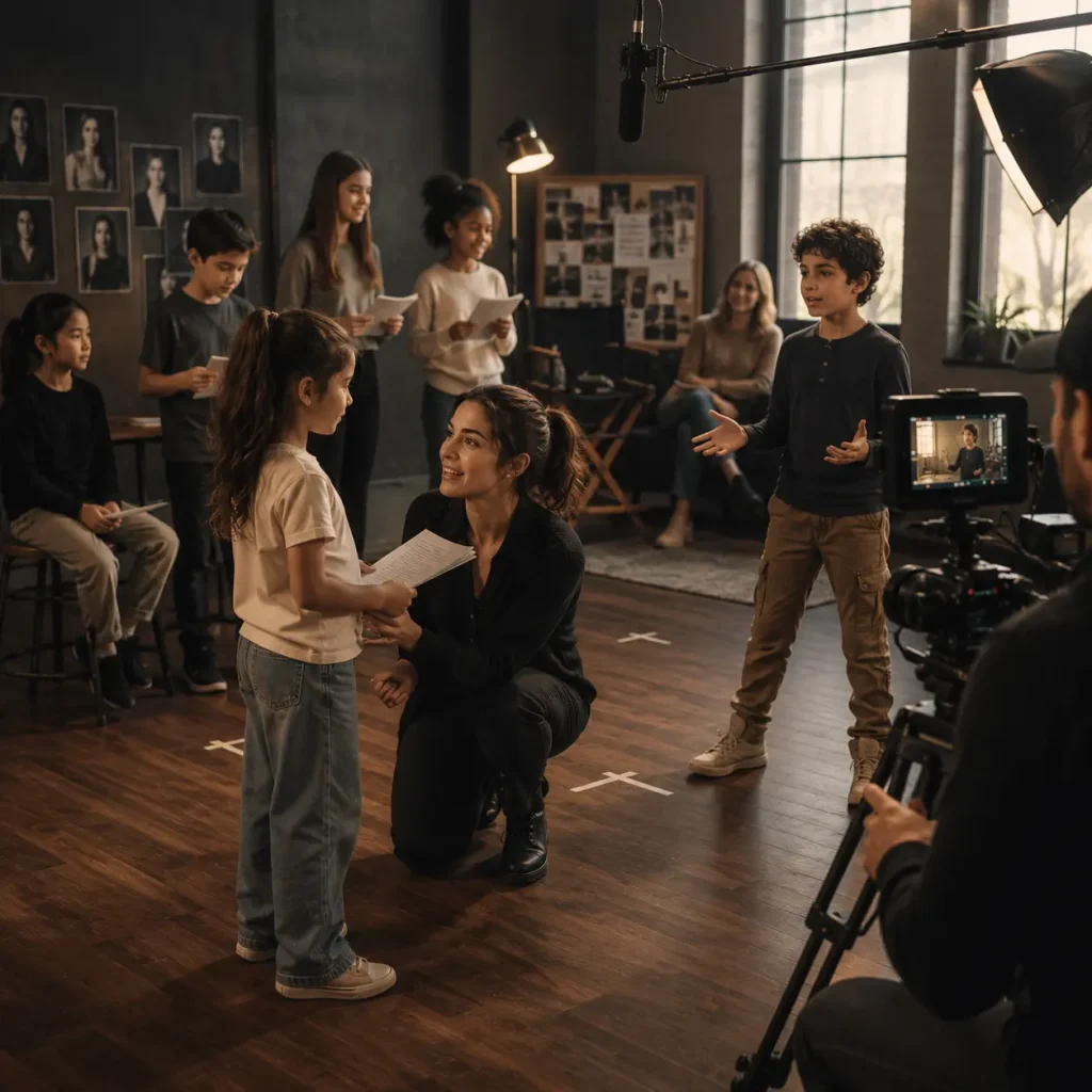 Professional acting coach guiding children during a TV and film workshop at Atelier Talent Development, helping kids build confidence, teamwork, public speaking, and on-camera acting skills in a safe, supportive environment.